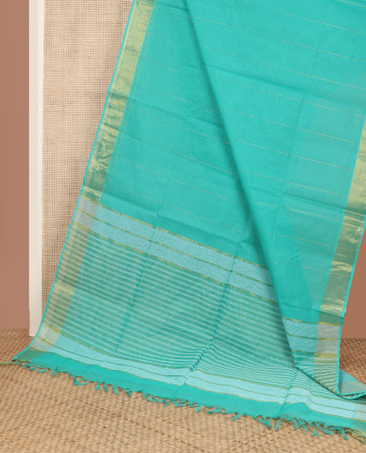 Blue vertical & horizontal striped jute cotton saree, zari border & striped pallu