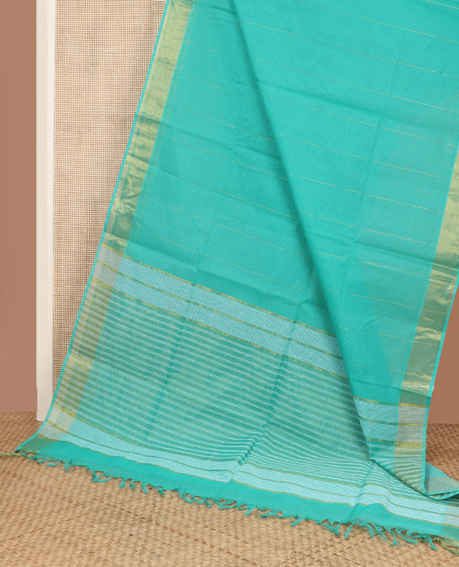 Blue vertical & horizontal striped jute cotton saree, zari border & striped pallu