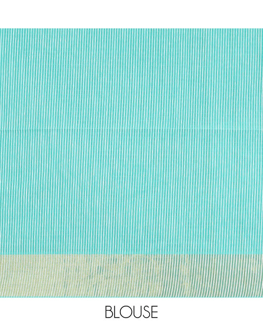 Blue vertical & horizontal striped jute cotton saree, zari border & striped pallu
