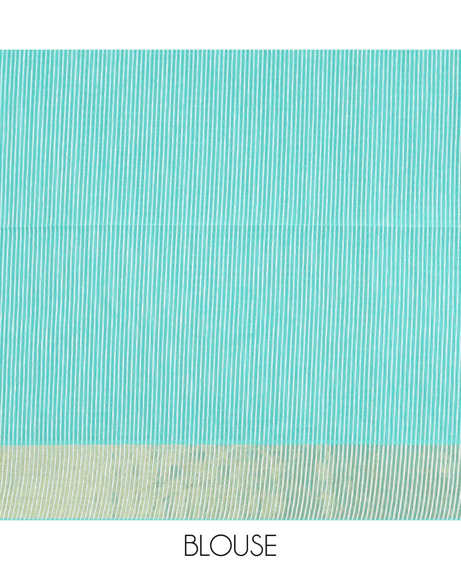 Blue vertical & horizontal striped jute cotton saree, zari border & striped pallu