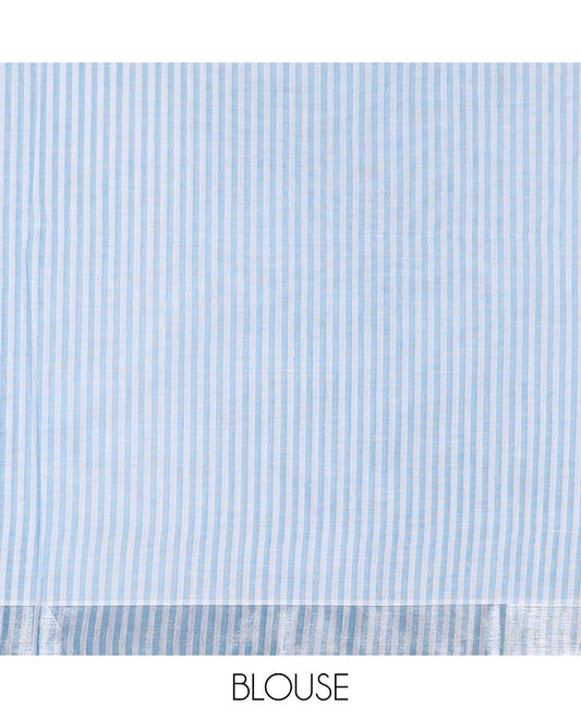 Blue vertically striped jute cotton saree, zari self-border & striped pallu