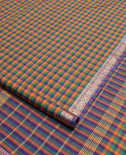 Multi-color checked nine-yard cotton saree, traditional motifs woven border, and striped pallu