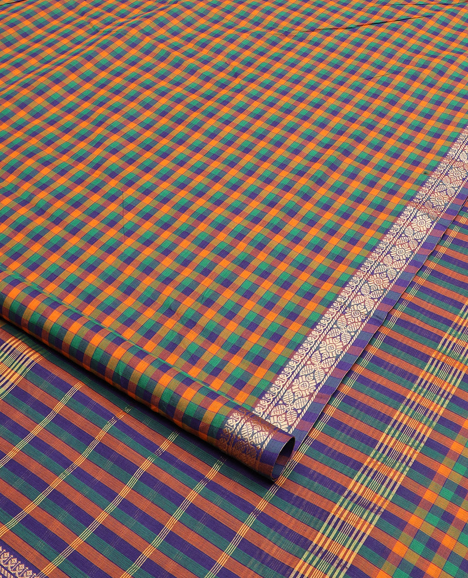 Multi-color checked nine-yard cotton saree, traditional motifs woven border, and striped pallu