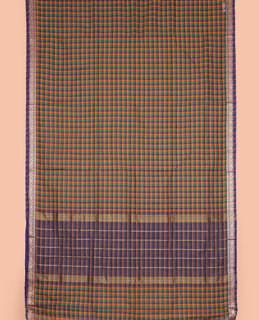Multi-color checked nine-yard cotton saree, traditional motifs woven border, and striped pallu
