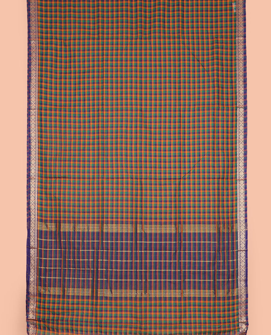 Multi-color checked nine-yard cotton saree, traditional motifs woven border, and striped pallu