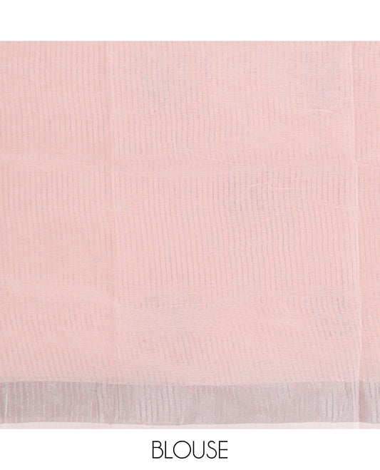 Baby pink spiral buttas printed cotton saree, zari border and striped pallu
