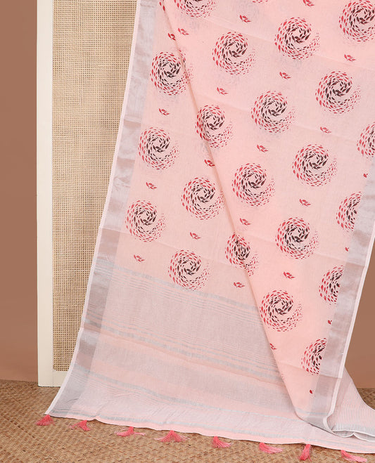 Baby pink spiral buttas printed cotton saree, zari border and striped pallu