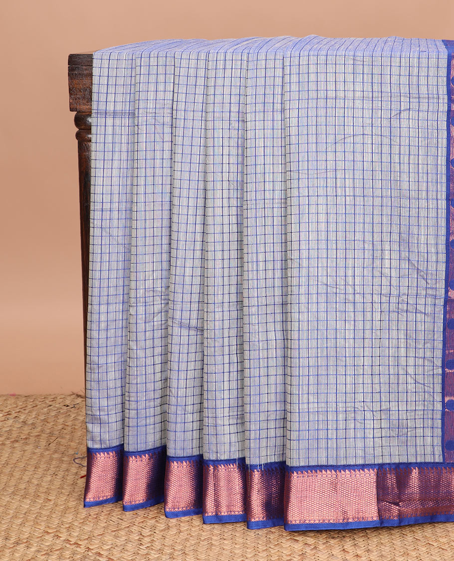 Blue dual-tone micro checked chirala cotton saree, contrast traditional zari border, and zari design pallu