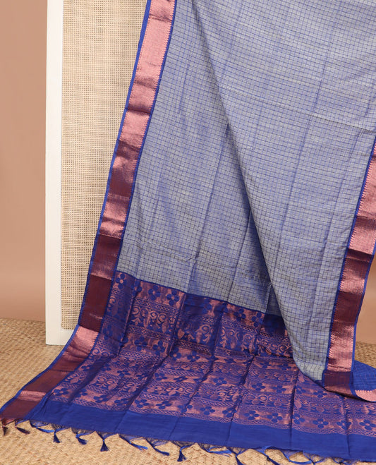 Blue dual-tone micro checked chirala cotton saree, contrast traditional zari border, and zari design pallu