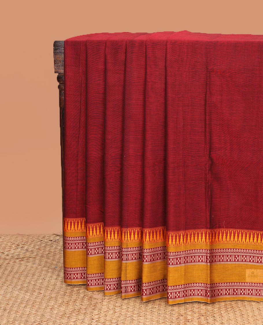 Cherry red plain Narayanapet cotton saree, contrast traditional motifs thread woven border, and striped pallu