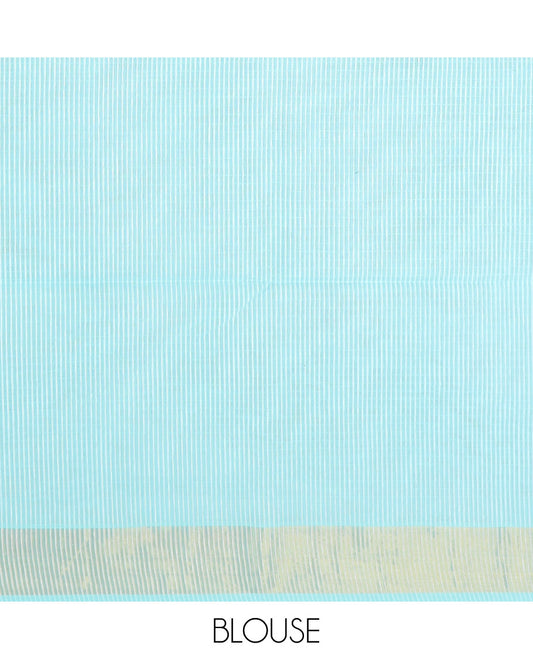 Baby blue striped jute cotton saree, bavanji border, and striped pallu