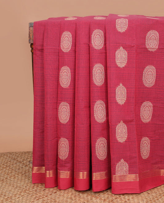 Red chakra buttas kanchi cotton saree,  zari border, and jaal pallu