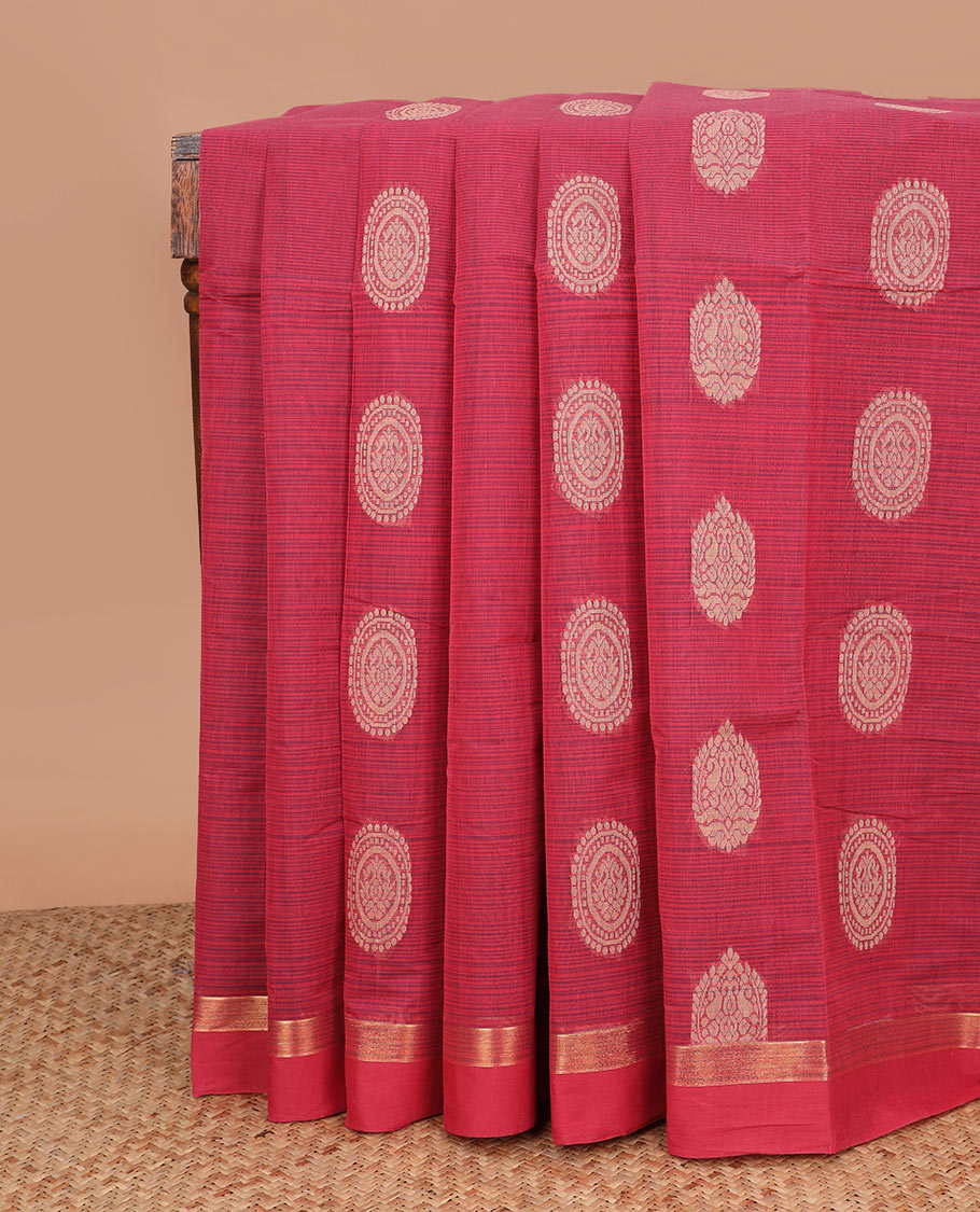 Red chakra buttas kanchi cotton saree,  zari border, and jaal pallu