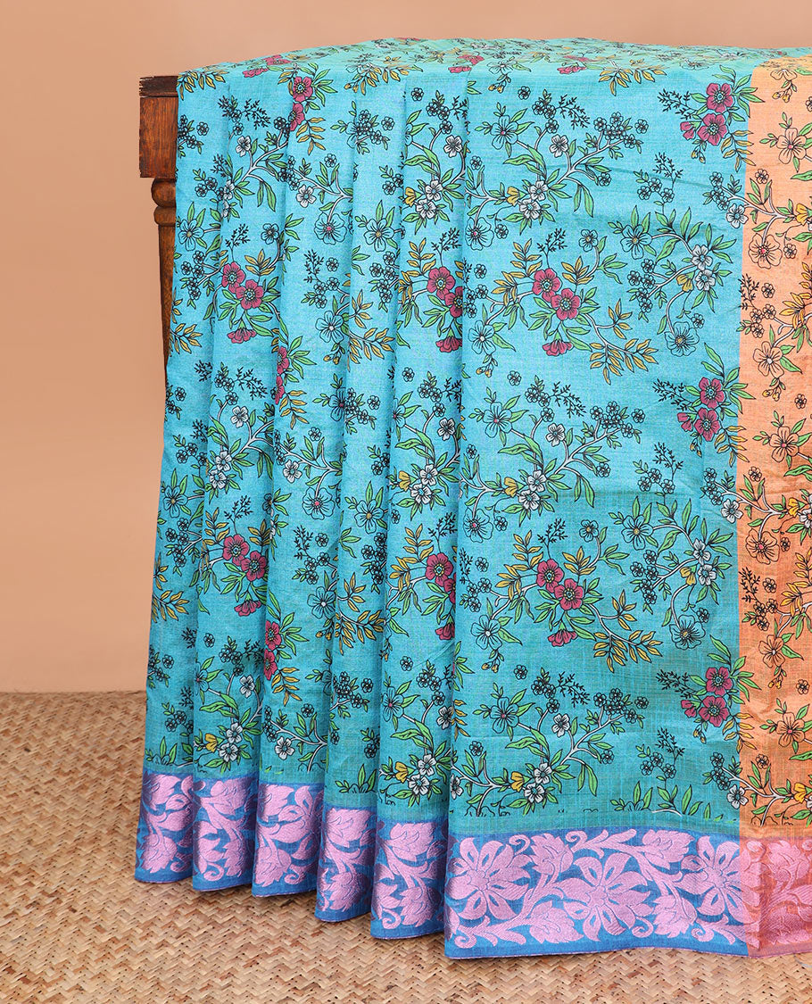 Blue floral vine printed Andhra cotton saree, contrast floral creeper zari border, and contrast printed pallu