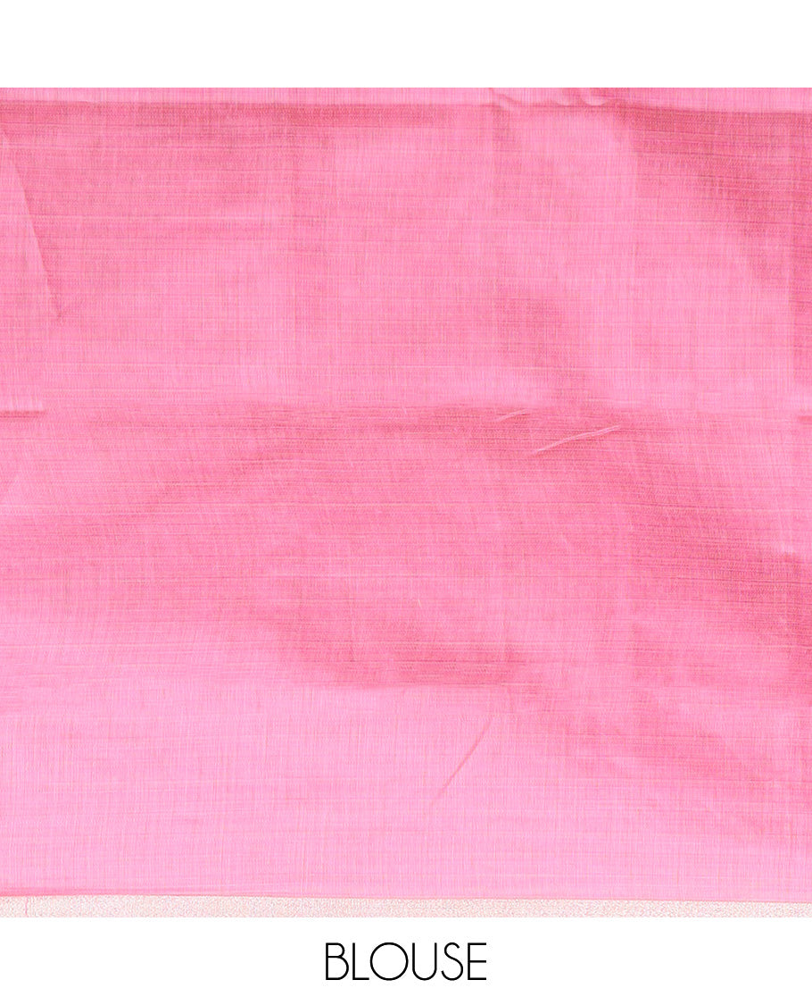 Powder blue floral embroidered chirala cotton saree, plain border, and contrast block printed pallu