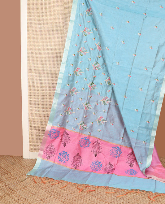 Powder blue floral embroidered chirala cotton saree, plain border, and contrast block printed pallu
