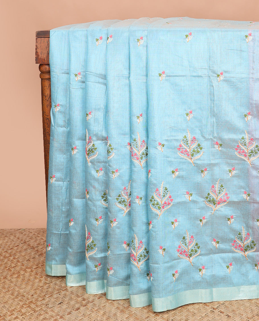 Powder blue floral embroidered chirala cotton saree, plain border, and contrast block printed pallu