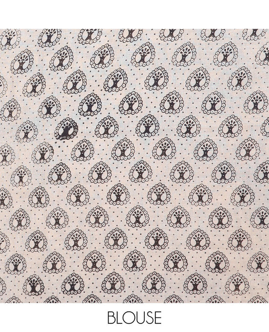 Blue floral motifs machine-printed kalamkari cotton saree, contrast bird motifs printed border, and pallu of kalamkari peacock motifs