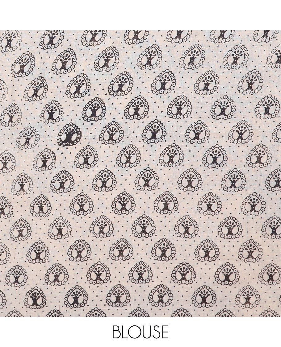 Blue floral motifs machine-printed kalamkari cotton saree, contrast bird motifs printed border, and pallu of kalamkari peacock motifs