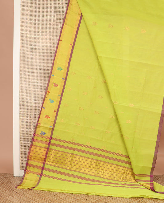Green zari buttas Venkatagiri cotton saree, contrast zari and thread work border, and zari striped pallu