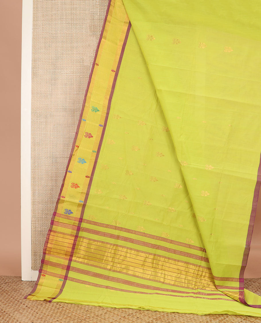 Green zari buttas Venkatagiri cotton saree, contrast zari and thread work border, and zari striped pallu