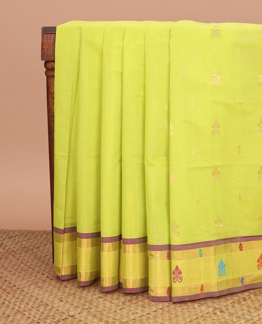 Green zari buttas Venkatagiri cotton saree, contrast zari and thread work border, and zari striped pallu