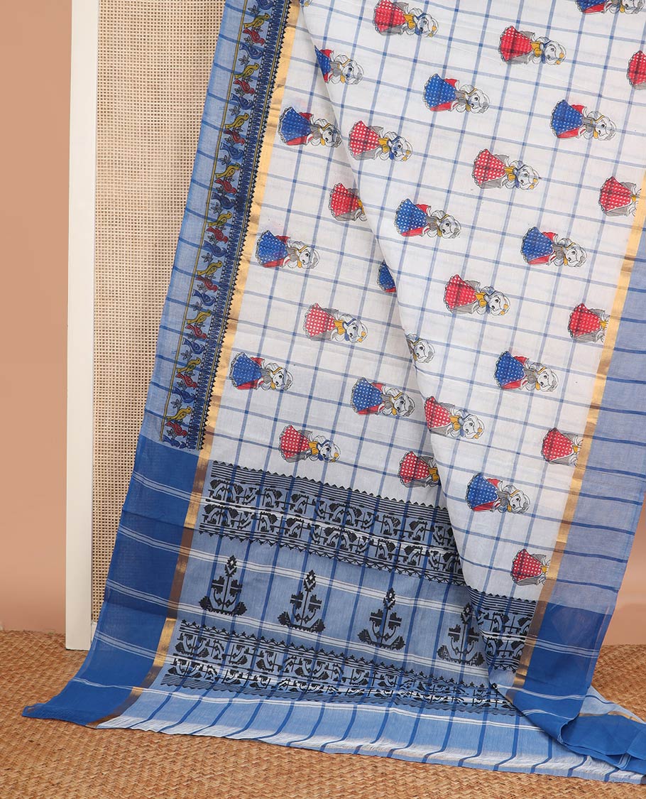 Off-white checked with disney snow white motifs printed chirala cotton saree, contrast print and zari border, and jamdani style printed pallu