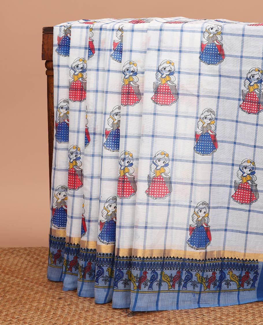 Off-white checked with disney snow white motifs printed chirala cotton saree, contrast print and zari border, and jamdani style printed pallu