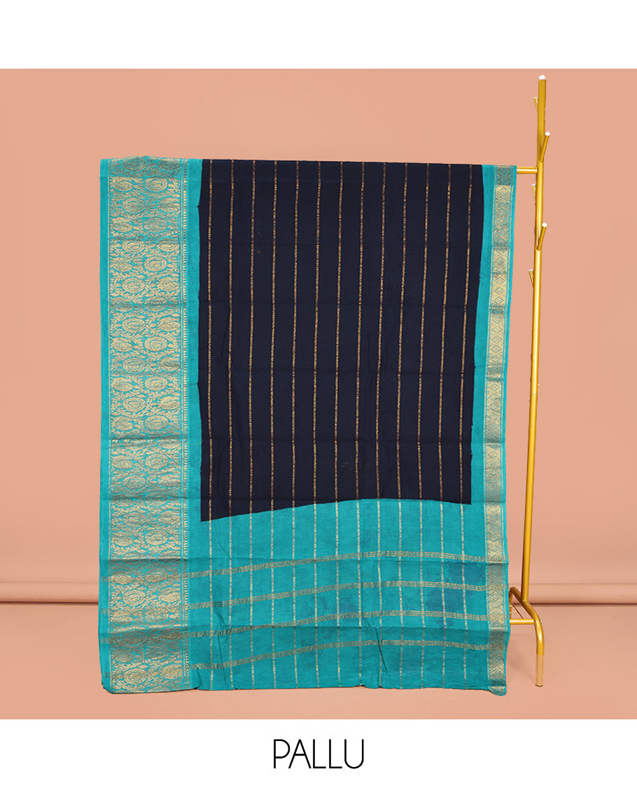 Navy Blue Sungudi Cotton Saree, Adorned with Stripes on Its Body, Complemented by a Contrast Border of Round Peacock and Floral Vine Designs, Zari Striped Pallu, and Has No Blouse