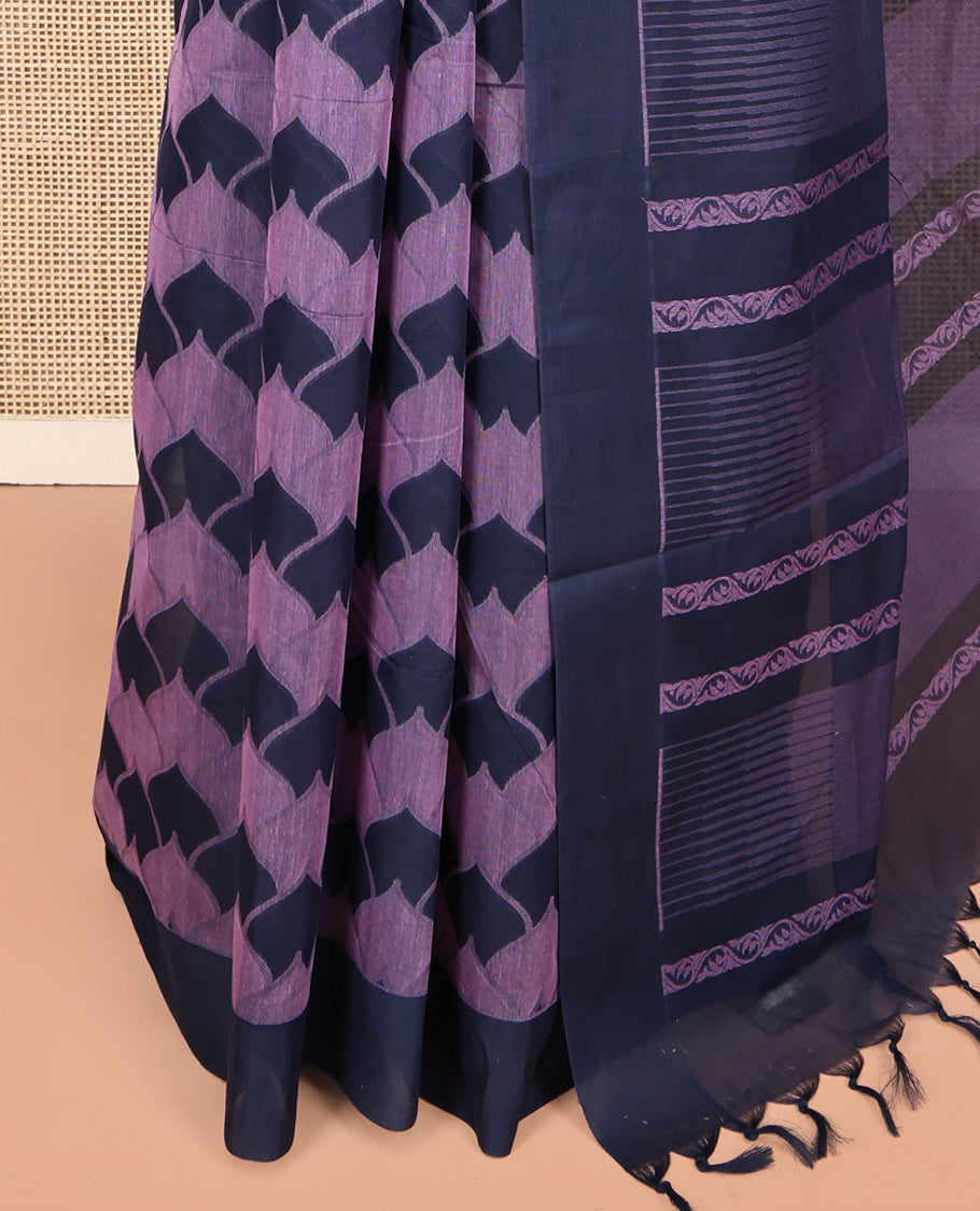 Lavender Coimbatore Cotton Saree, Adorned with Scallop Design on Its Body, a Contrast Plain Border, Pallu of Floral Creeper, and Stripes, and Paired with Contrast Blouse