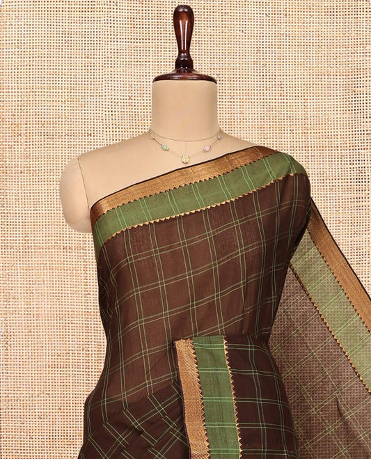 Brown Mangalgiri Cotton Saree, Adorned with Checked Design on Its Body, Complemented by Contrast Temple Border, Zari Striped Pallu, and Paired with Contrast Blouse