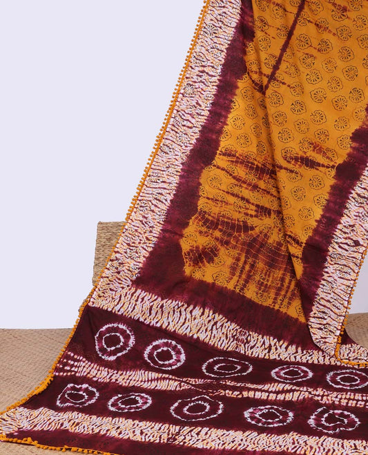 Borderless yellow floral block , shibori printed mul-mul cotton saree