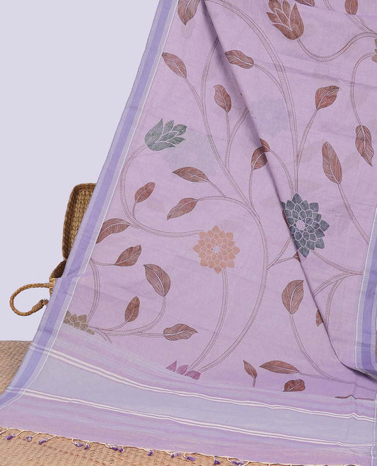 Lavender floral vine design chirala cotton saree with self zari border & striped pallu