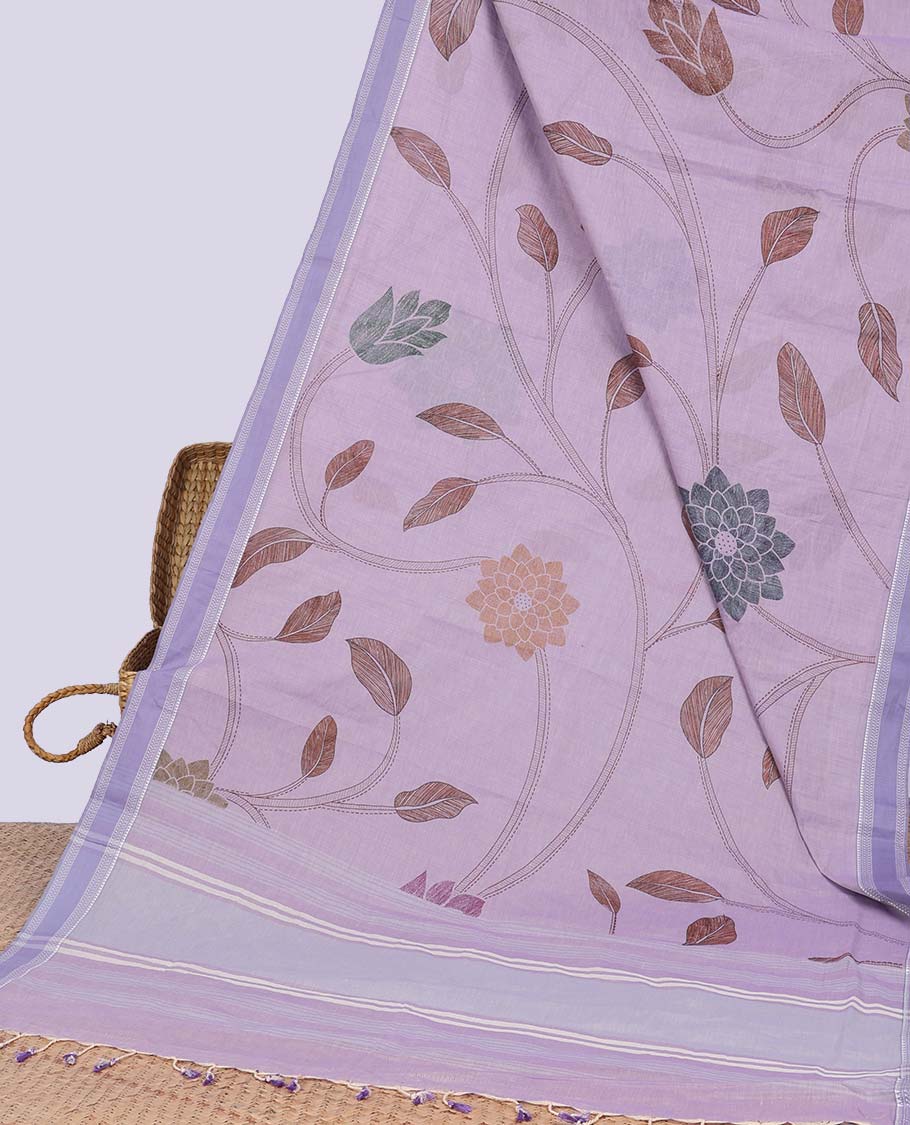 Lavender floral vine design chirala cotton saree with self zari border & striped pallu