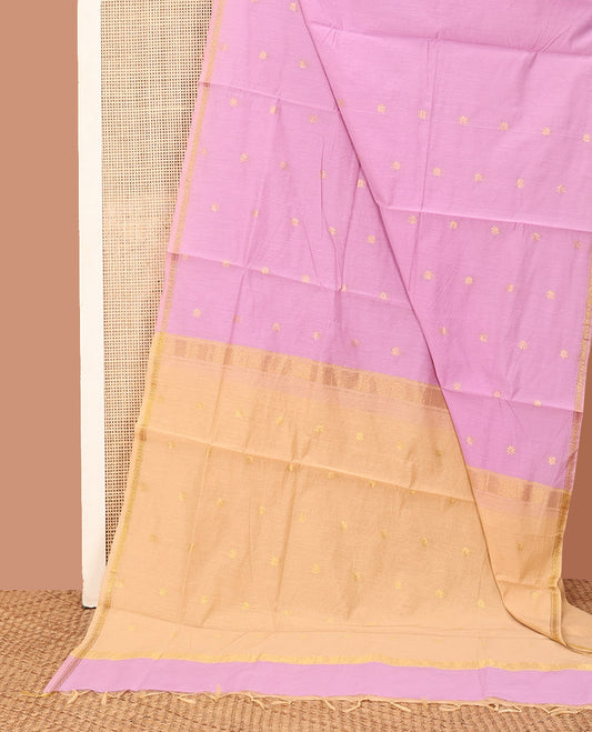Pink Maheshwari Cotton Saree, Adorned with Flower Buttas All Over Its Body, Subtly Woven Piping Border, Captivating Contrast Pallu Steeped with Buttas, and Paired with a Contrast Blouse