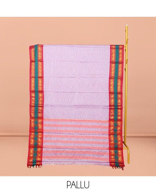 Lavender Striped Narayanpet Cotton Saree, Complemented by a Contrast Traditional Design Rettai Pettu Border, Striped Pallu, and Comes Without a Blouse