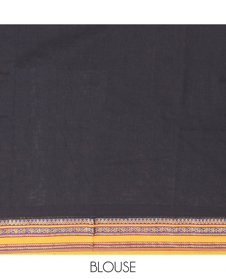Black Plain Khadi Cotton Saree, Complemented by Contrasting Border of Traditional Designs, Subtly Striped Pallu, and Paired with a Matching Blouse