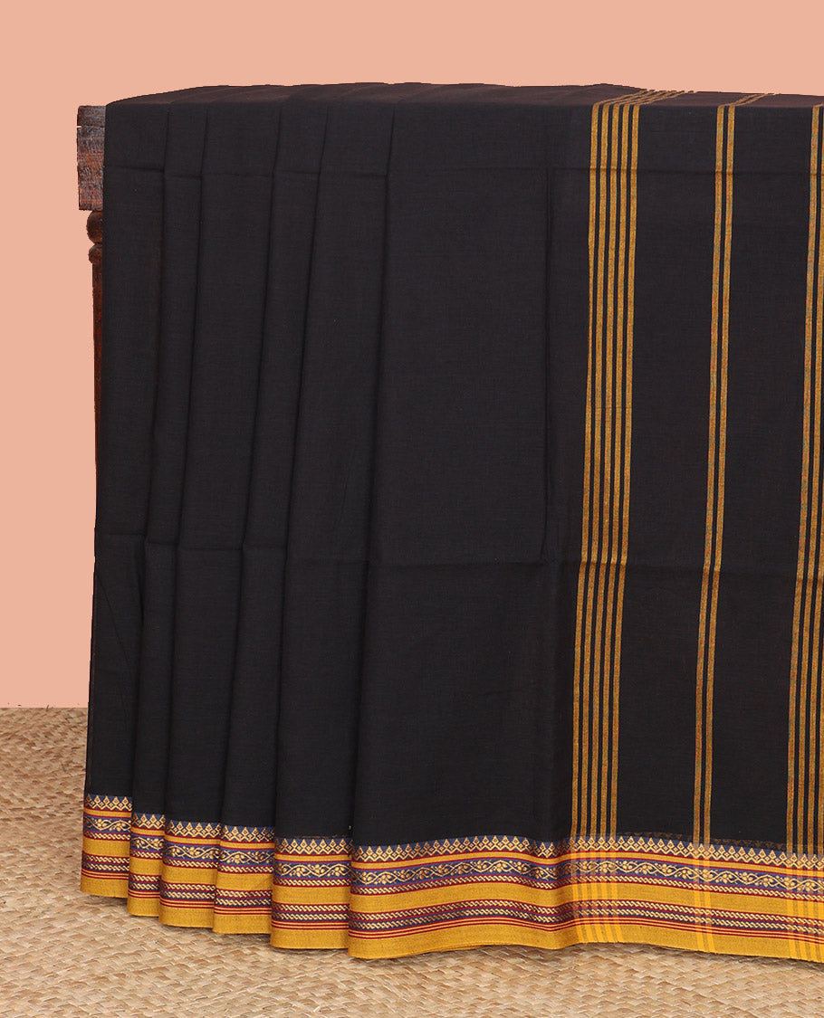 Black Plain Khadi Cotton Saree, Complemented by Contrasting Border of Traditional Designs, Subtly Striped Pallu, and Paired with a Matching Blouse