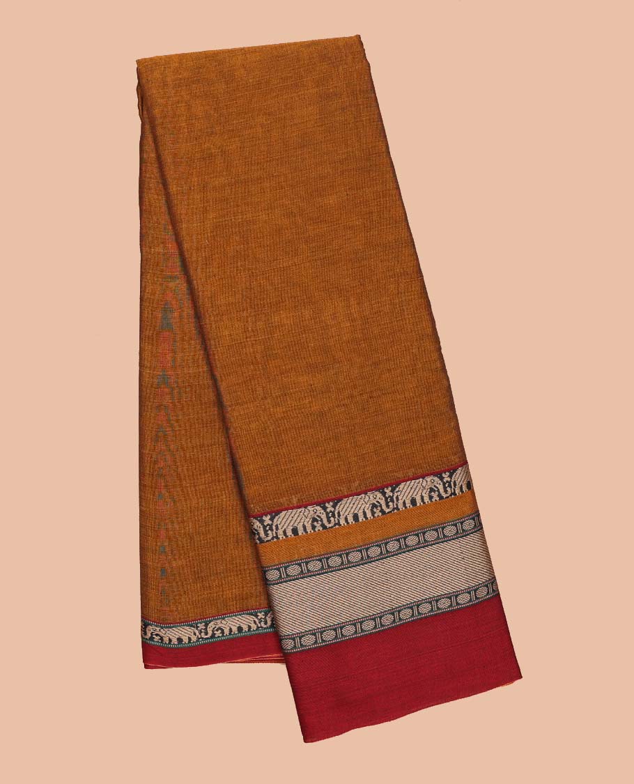 Brown plain design Narayanapet cotton saree, contrast traditional design border & striped pallu