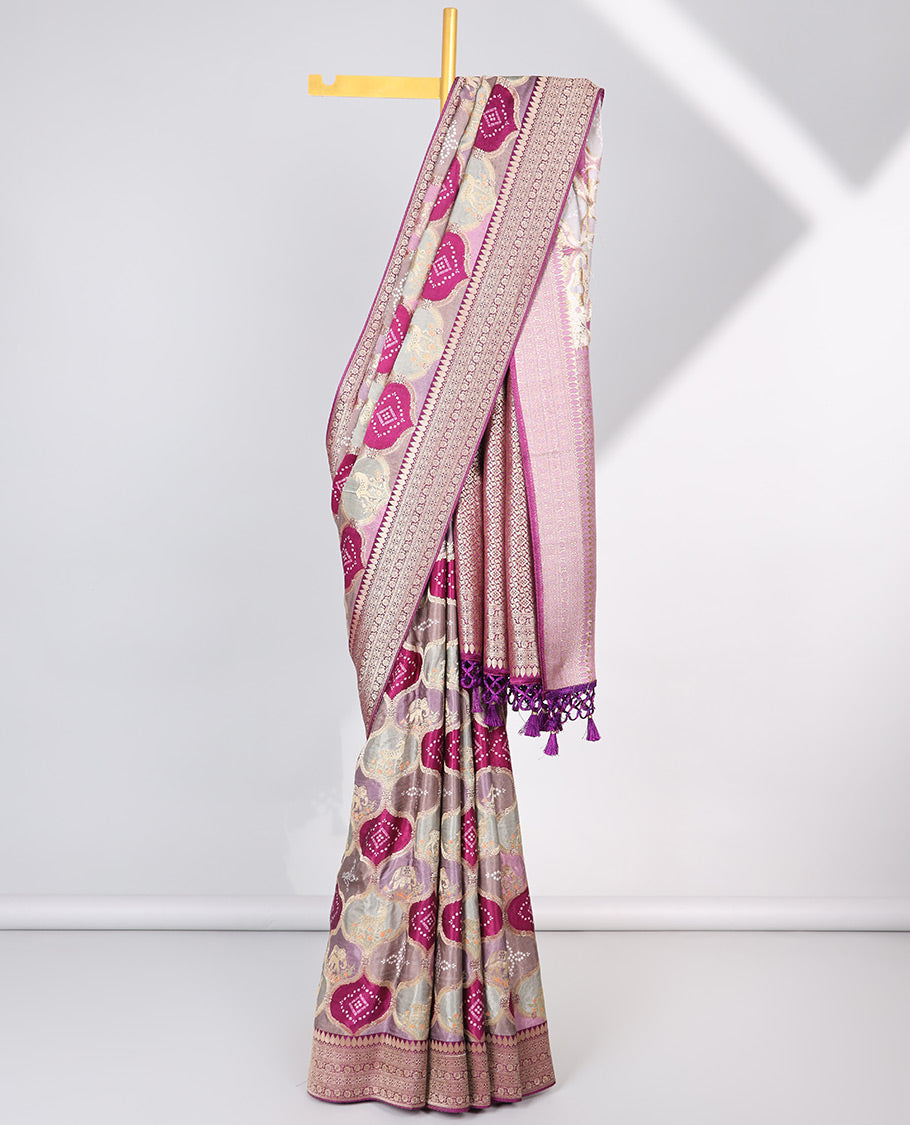Multi-colored ogee design semi-banaras dola silk saree with contrast intricate zari border & ogee zari design pallu