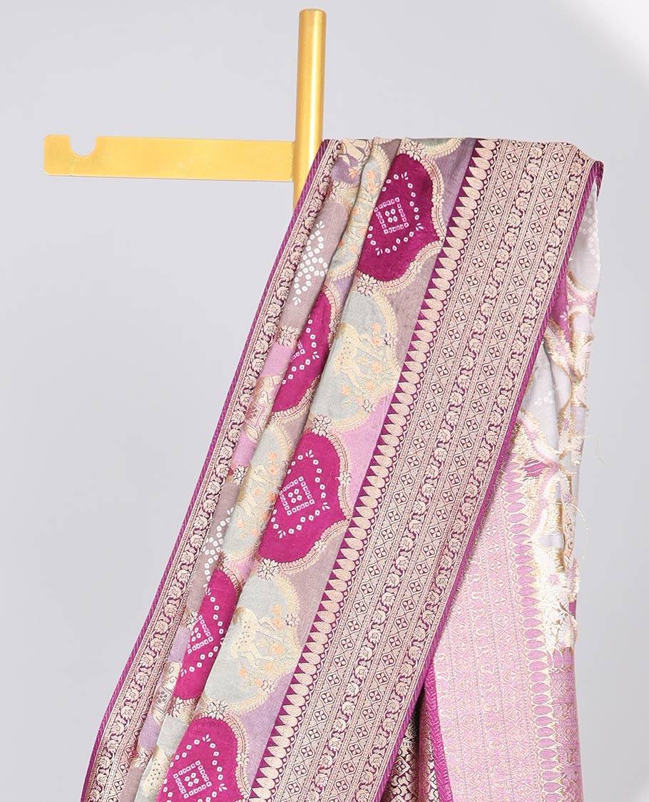 Multi-colored ogee design semi-banaras dola silk saree with contrast intricate zari border & ogee zari design pallu