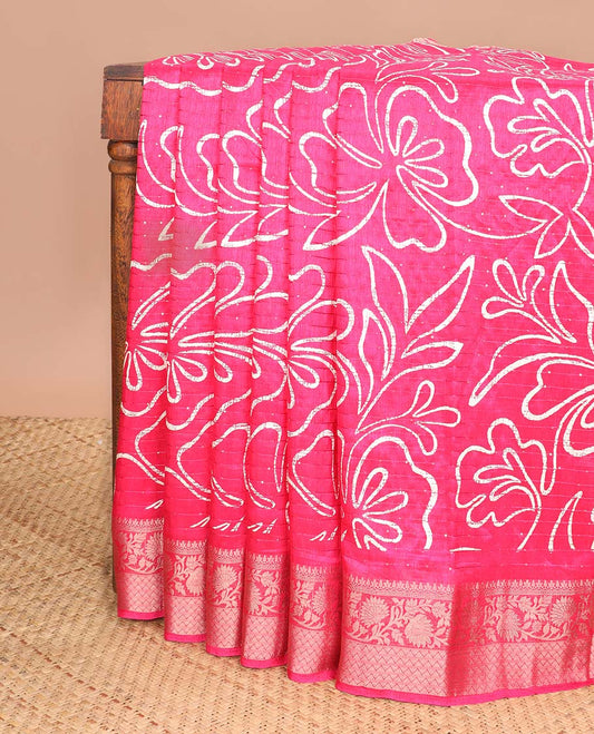 Pink floral design dola silk saree with self zari design border & striped, geometric design pallu