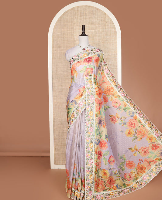 Pastel lavender buttas with floral printed dola silk saree, contrast floral embroidered scallop border
