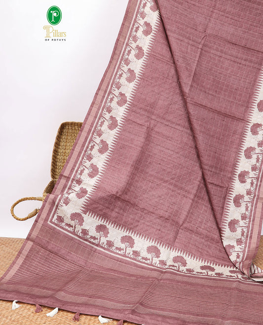 Brown checked semi-banaras tussar saree with self - bullock cart border & checked pallu