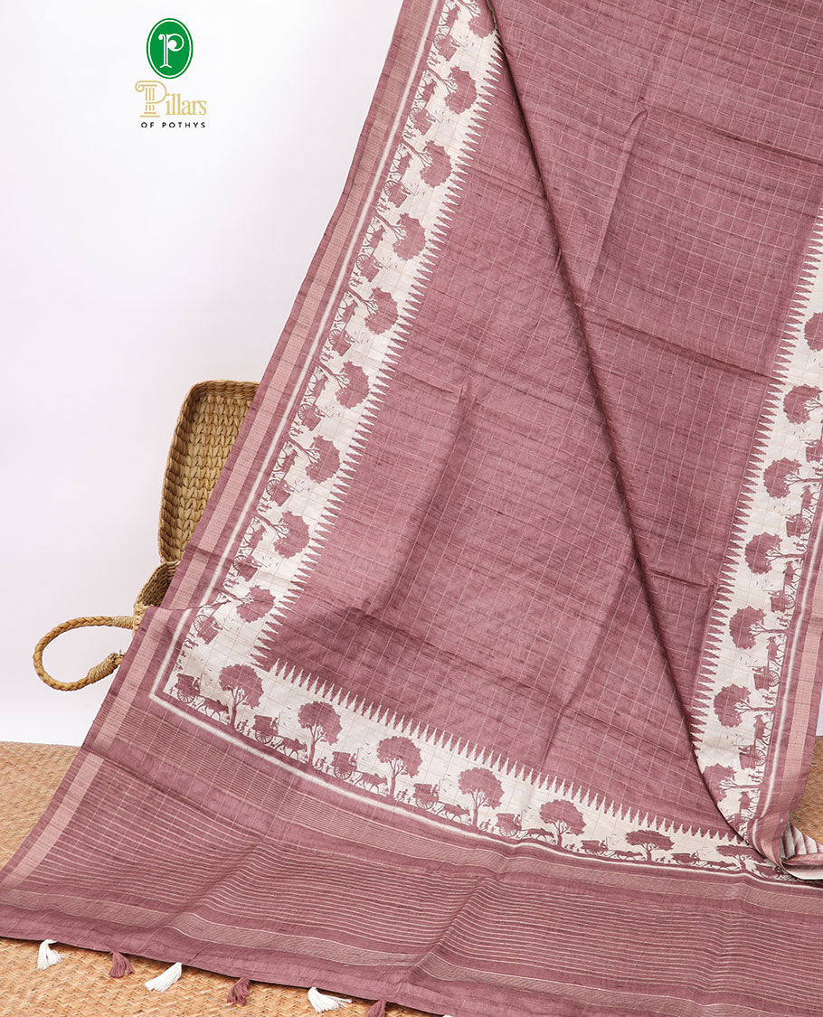 Brown checked semi-banaras tussar saree with self - bullock cart border & checked pallu