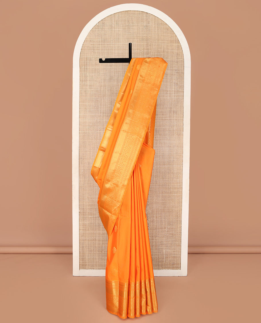 Orange Budget Silk Saree, Enthralled with Zari Buttas on Its Body, Highlighted by a Traditional Zari Design Border, Grandly Jaal-Patterned Pallu, and Paired with a Matching Blouse