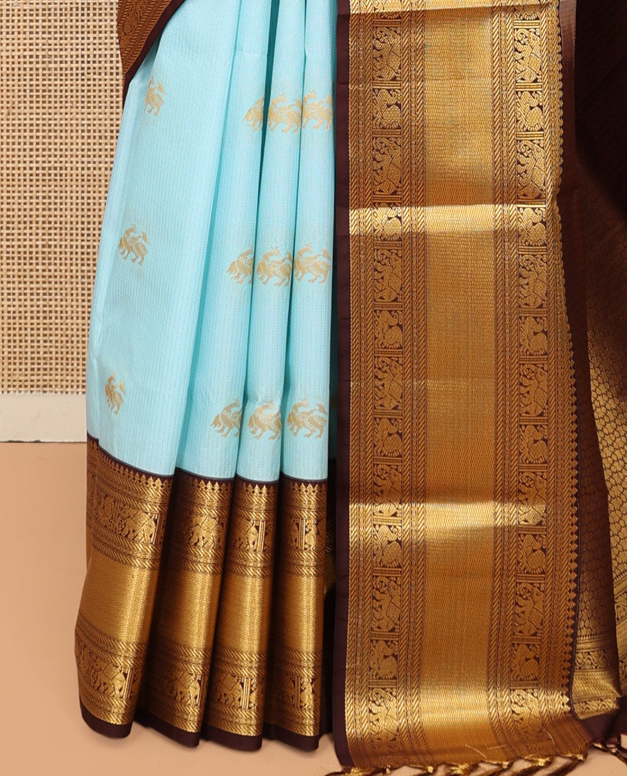 Blue Budget Silk Saree, Beautified with Zari Buttas and Zari Stripes on Its Body, Complemenetd by a Contrast Traditional Zari Border of Peacock-Elephant Designs, a Grandly Embellished Border, and Paired with a Contrast Blouse