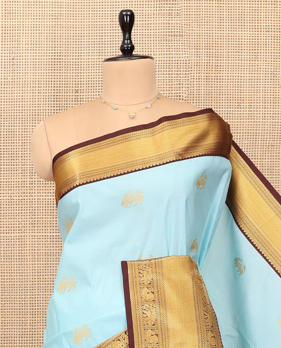 Blue Budget Silk Saree, Beautified with Zari Buttas and Zari Stripes on Its Body, Complemenetd by a Contrast Traditional Zari Border of Peacock-Elephant Designs, a Grandly Embellished Border, and Paired with a Contrast Blouse