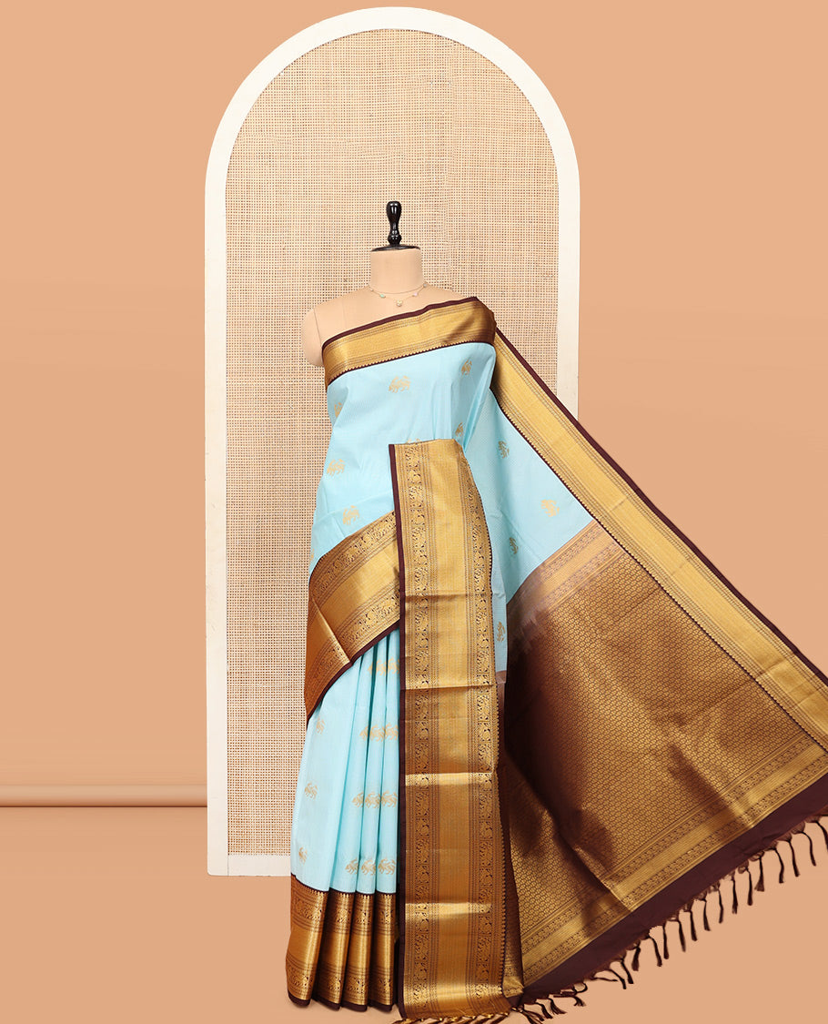 Blue Budget Silk Saree, Beautified with Zari Buttas and Zari Stripes on Its Body, Complemenetd by a Contrast Traditional Zari Border of Peacock-Elephant Designs, a Grandly Embellished Border, and Paired with a Contrast Blouse