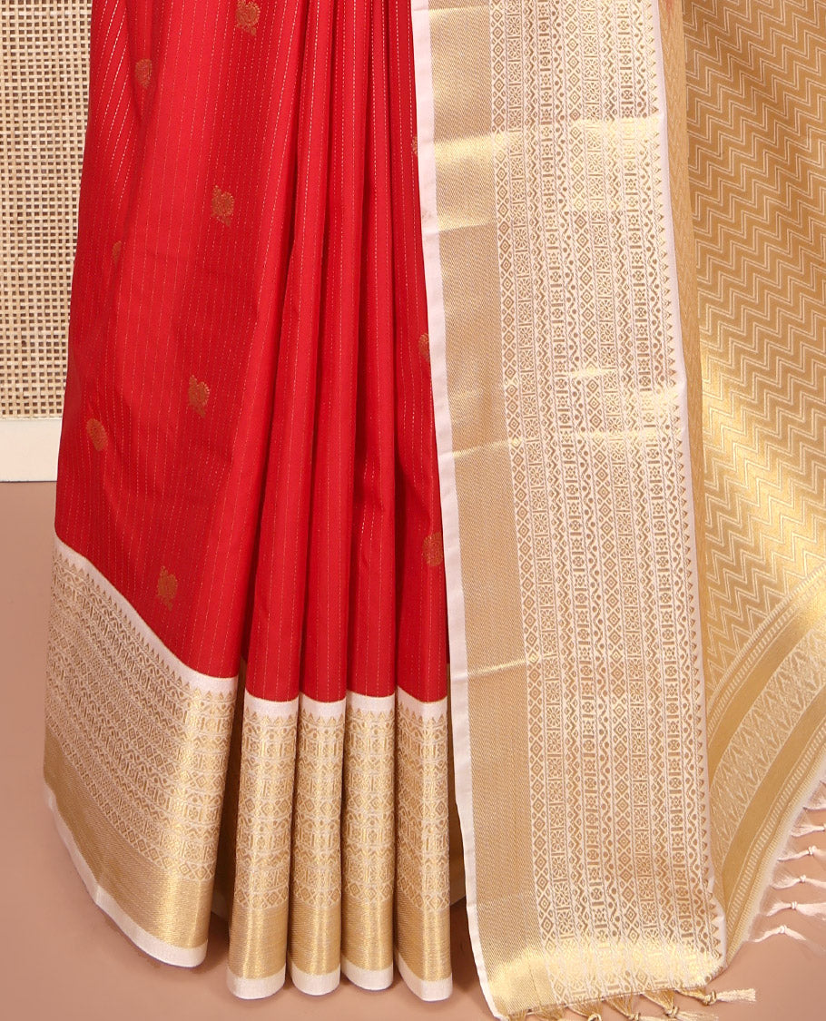 Rust Orange and Off-White Budget Silk Saree, Accentuated with Vaira Oosi, and Mayil-Chakram Designs on Its Body, Complemented by Contrast Traditional Zari Design Border, Chevron-Striped Pallu, and Paired with a Contrast Blouse